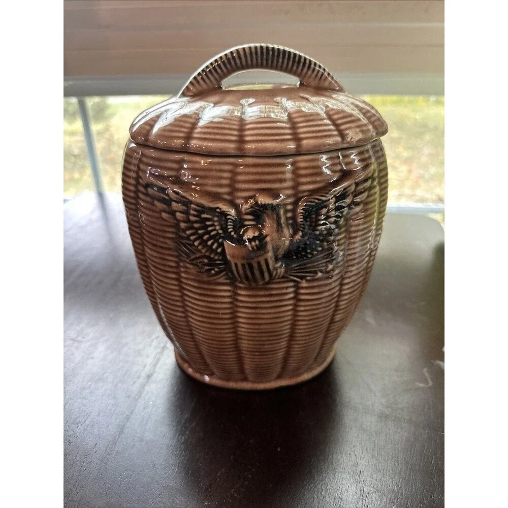 VintagePottery American Eagle Basket Cookie Jar Collectible 10.5 USA Cottagecore